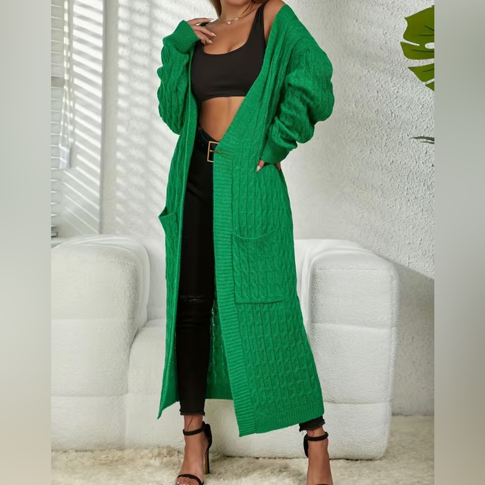 Women’s Medium Emerald Green Cable-Knit Maxi Cardigan Open-Front Sweater - Picture 5 of 11